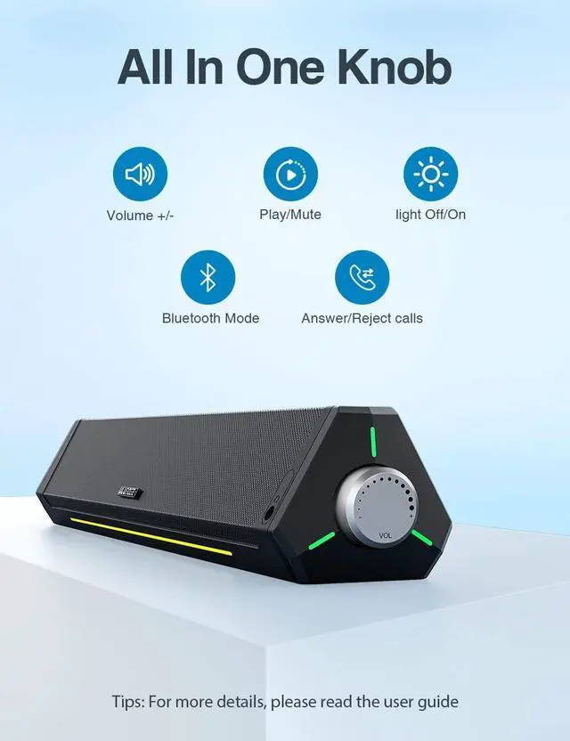 Alt view image 7 of 7 - Computer Speakers, Dynamic RGB Computer Sound Bar, HiFi Stereo Bluetooth 5.0 & 3.5mm Aux-in Connection, USB Powered Computer Speakers for Desktop, PC, Laptop, Tablets