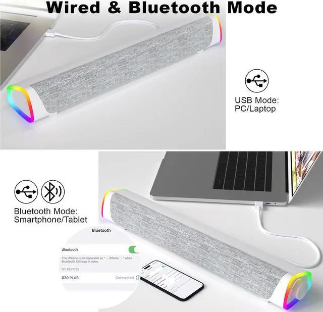 Alt view image 2 of 5 - SOULION R30 Plus Computer Speakers, Wired USB-Powered Bluetooth V5.3 PC Sound Bar, Colorful RGB Lights with Switch Button, Surround Sound Portable Computer SoundBar Speaker for Desktop Laptop Phone