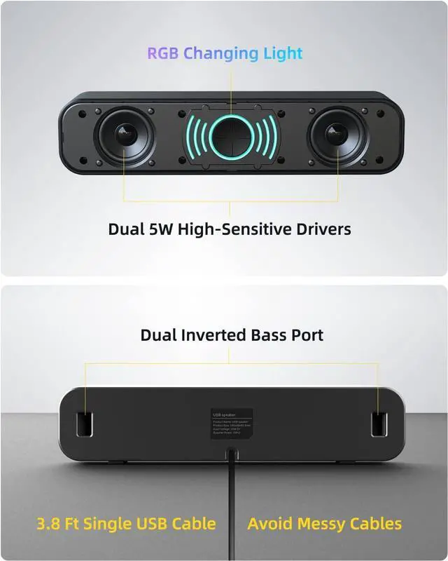 Alt view image 5 of 7 - USB Computer Speakers for Desktop, Laptop, PC Gaming Speakers, Small Computer Sound Bar with Stereo Loud Sound, Enhanced Bass, Dynamic RGB Light, Digital Volume Knob