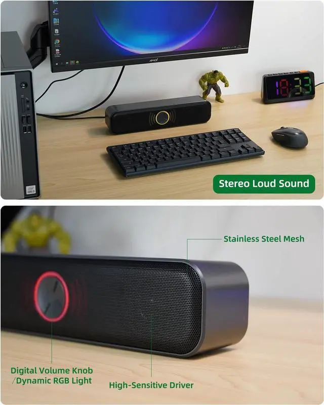 Alt view image 3 of 7 - USB Computer Speakers for Desktop, Laptop, PC Gaming Speakers, Small Computer Sound Bar with Stereo Loud Sound, Enhanced Bass, Dynamic RGB Light, Digital Volume Knob