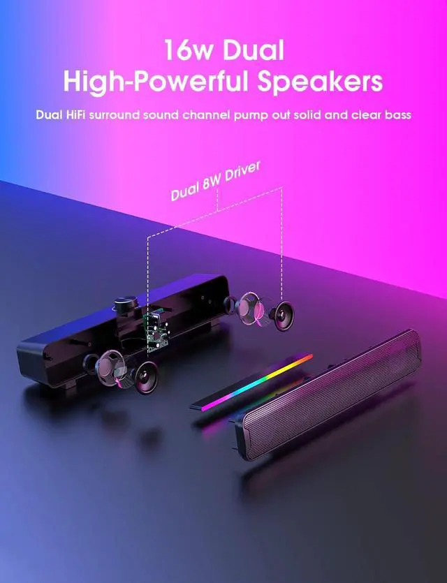 Alt view image 4 of 7 - Computer Speakers, Bluetooth 5.3 RGB Laptop Sound Bar, 16W Dual 2.0 HiFi Stereo with 6 Colorful LED Modes, USB Powered Gaming Speakers for Desktop, Phone, PC, Laptop, Tablets(Include USB C Adapter)