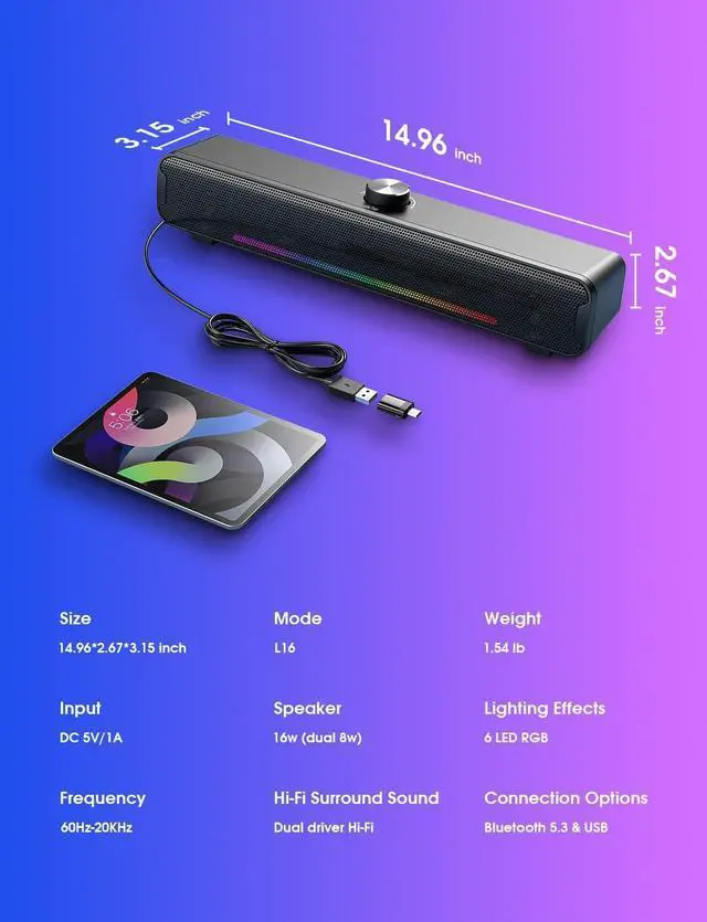 Alt view image 6 of 7 - Computer Speakers, Bluetooth 5.3 RGB Laptop Sound Bar, 16W Dual 2.0 HiFi Stereo with 6 Colorful LED Modes, USB Powered Gaming Speakers for Desktop, Phone, PC, Laptop, Tablets(Include USB C Adapter)