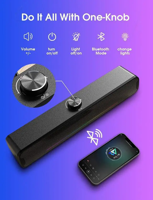 Alt view image 2 of 7 - Computer Speakers, Bluetooth 5.3 RGB Laptop Sound Bar, 16W Dual 2.0 HiFi Stereo with 6 Colorful LED Modes, USB Powered Gaming Speakers for Desktop, Phone, PC, Laptop, Tablets(Include USB C Adapter)