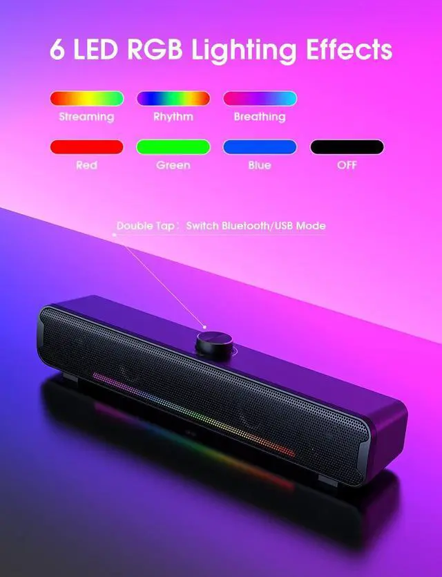 Alt view image 5 of 7 - Computer Speakers, Bluetooth 5.3 RGB Laptop Sound Bar, 16W Dual 2.0 HiFi Stereo with 6 Colorful LED Modes, USB Powered Gaming Speakers for Desktop, Phone, PC, Laptop, Tablets(Include USB C Adapter)