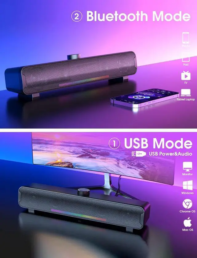 Alt view image 3 of 7 - Computer Speakers, Bluetooth 5.3 RGB Laptop Sound Bar, 16W Dual 2.0 HiFi Stereo with 6 Colorful LED Modes, USB Powered Gaming Speakers for Desktop, Phone, PC, Laptop, Tablets(Include USB C Adapter)