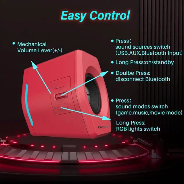 Alt view image 7 of 7 - Edifier G2000 32W PC Gaming Computer Speakers for Laptop Mac Desktop Computer Woofer Speakers Bluetooth USB 3.5mm AUX Inputs RGB Lights Multimedia Speakers Red