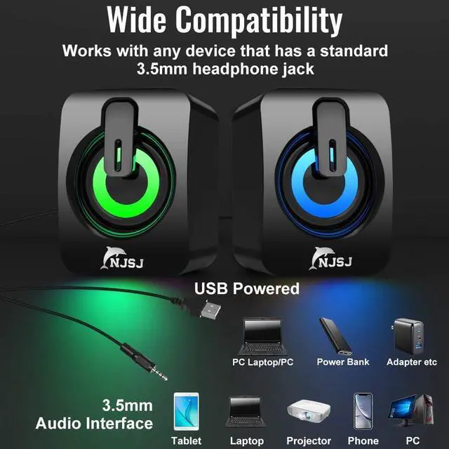 Alt view image 2 of 7 - NJSJ Computer Speakers, 2.0 RGB Gaming PC Speakers for Monitor, Small Wired Desktop Speaker,USB Powered,3.5 mm AUX-in, Volume Control,LED Light Gaming Speaker for Laptop, Tablets, Cellphone