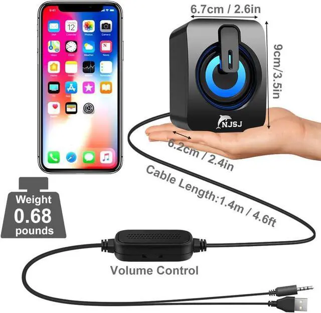 Alt view image 7 of 7 - NJSJ Computer Speakers, 2.0 RGB Gaming PC Speakers for Monitor, Small Wired Desktop Speaker,USB Powered,3.5 mm AUX-in, Volume Control,LED Light Gaming Speaker for Laptop, Tablets, Cellphone