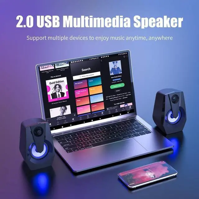 Alt view image 4 of 6 - Computer Speakers,Smalody Stereo 2.0 PC Speakers with LED Light, Volume Control Powered by USB,Wire Gaming Speaker for Laptop Desktop Smartphones