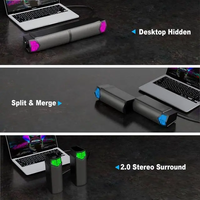 Alt view image 7 of 7 - Smalody Gaming Speakers for PC, Computer Speakers for Desktop Monitor with Bluetooth, 2 in 1 Gradual RGB Computer Speaker Soundbar with Microphone, Wired USB Powered, Can Be Split and Combined Freely