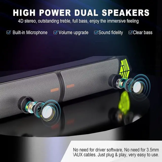 Alt view image 5 of 7 - Smalody Gaming Speakers for PC, Computer Speakers for Desktop Monitor with Bluetooth, 2 in 1 Gradual RGB Computer Speaker Soundbar with Microphone, Wired USB Powered, Can Be Split and Combined Freely