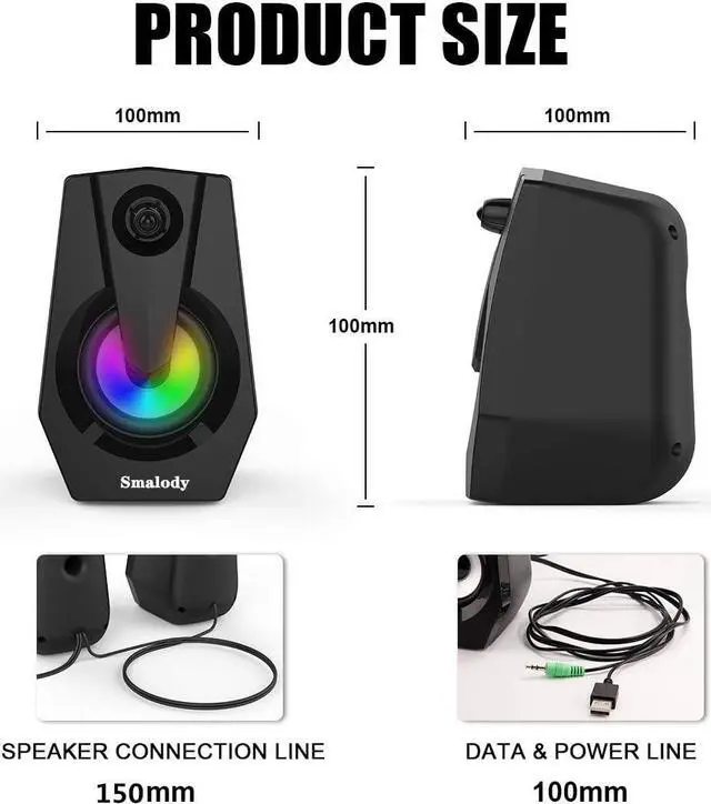 Alt view image 5 of 7 - Computer Speakers,Smalody Stereo 2.0 PC Speakers with LED Light, Volume Control Powered by USB,Wire Gaming Speaker for Laptop Desktop Smartphones