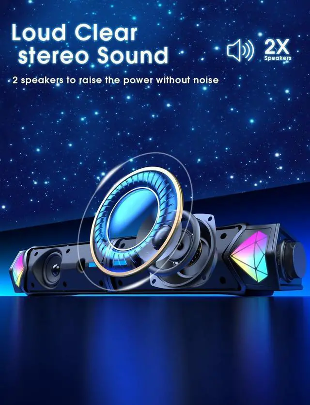 Alt view image 2 of 6 - Computer Speakers, Bluetooth Dynamic RGB Computer Sound Bar, Dual HiFi Stereo & Gradient RGB Lighting Laptop Soundbar, USB Powered Speakers for Desktop, Monitors, Phone, PC, Laptop(Include C Adapter)