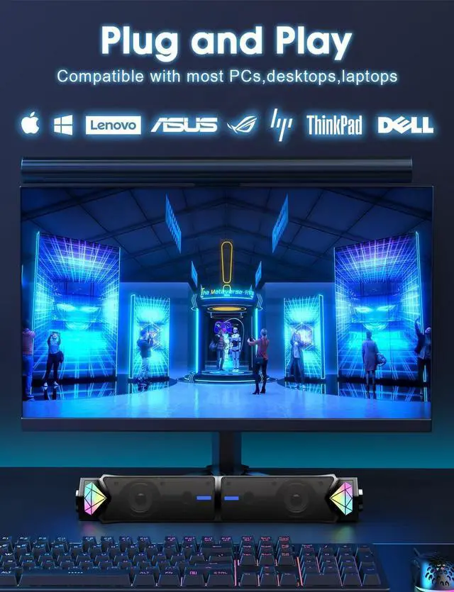 Alt view image 6 of 6 - Computer Speakers, Bluetooth Dynamic RGB Computer Sound Bar, Dual HiFi Stereo & Gradient RGB Lighting Laptop Soundbar, USB Powered Speakers for Desktop, Monitors, Phone, PC, Laptop(Include C Adapter)