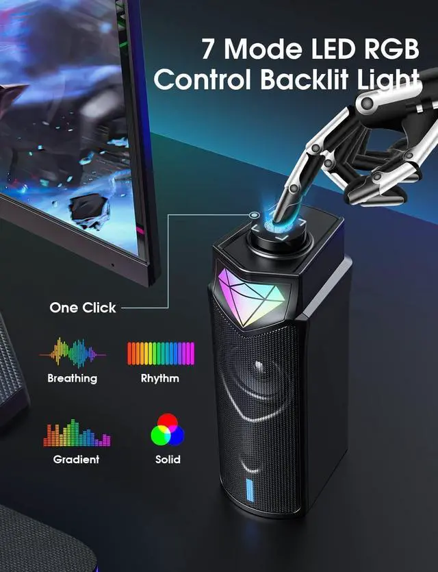 Alt view image 3 of 6 - Computer Speakers, Bluetooth Dynamic RGB Computer Sound Bar, Dual HiFi Stereo & Gradient RGB Lighting Laptop Soundbar, USB Powered Speakers for Desktop, Monitors, Phone, PC, Laptop(Include C Adapter)