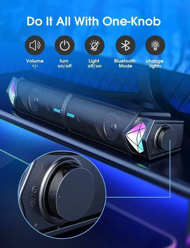 Alt view image 5 of 6 - Computer Speakers, Bluetooth Dynamic RGB Computer Sound Bar, Dual HiFi Stereo & Gradient RGB Lighting Laptop Soundbar, USB Powered Speakers for Desktop, Monitors, Phone, PC, Laptop(Include C Adapter)