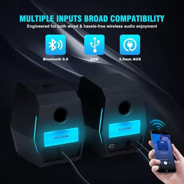 Alt view image 5 of 7 - Sanyun SW209 36W Computer Gaming PC Speakers - Multiple EQ Sound Mode - Bluetooth 5.0 USB 3.5mm Aux Inputs -RGB Lights - 2.0 Multimedia Speakers - for Laptop Mac Desktop Monitor (Pair, Black)