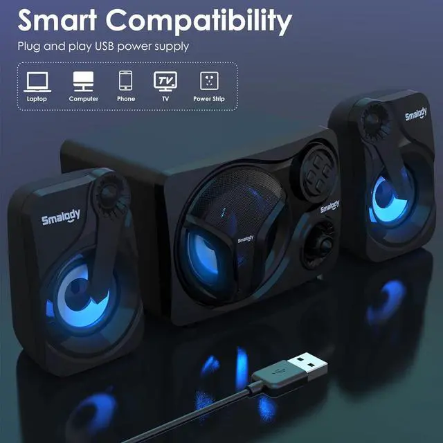 Alt view image 2 of 6 - PC Speakers, Computer Speakers with Subwoofer, 2.1 Powered Sound System, Speaker Wired/Bluetooth/Cool LED/LINE-in/USB TF Slot, Compatible with Desktop PC, Laptop, Projector