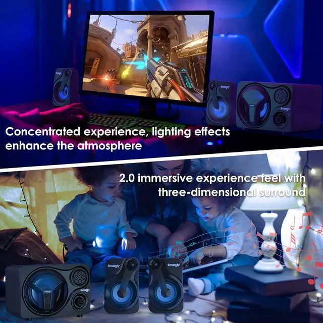 Alt view image 6 of 6 - PC Speakers, Computer Speakers with Subwoofer, 2.1 Powered Sound System, Speaker Wired/Bluetooth/Cool LED/LINE-in/USB TF Slot, Compatible with Desktop PC, Laptop, Projector