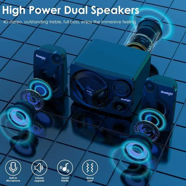 Alt view image 5 of 6 - PC Speakers, Computer Speakers with Subwoofer, 2.1 Powered Sound System, Speaker Wired/Bluetooth/Cool LED/LINE-in/USB TF Slot, Compatible with Desktop PC, Laptop, Projector