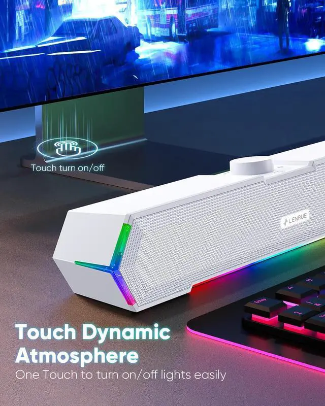 Alt view image 4 of 6 - LENRUE G11 Computer Speakers for Desktop, Touch Lights PC Speakers with Surge Clear Sound, USB C/USB Powered for Computer Desktop PC Laptop Monitor(White)