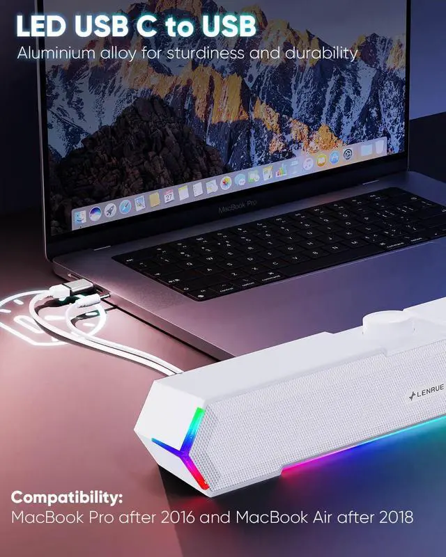 Alt view image 2 of 6 - LENRUE G11 Computer Speakers for Desktop, Touch Lights PC Speakers with Surge Clear Sound, USB C/USB Powered for Computer Desktop PC Laptop Monitor(White)