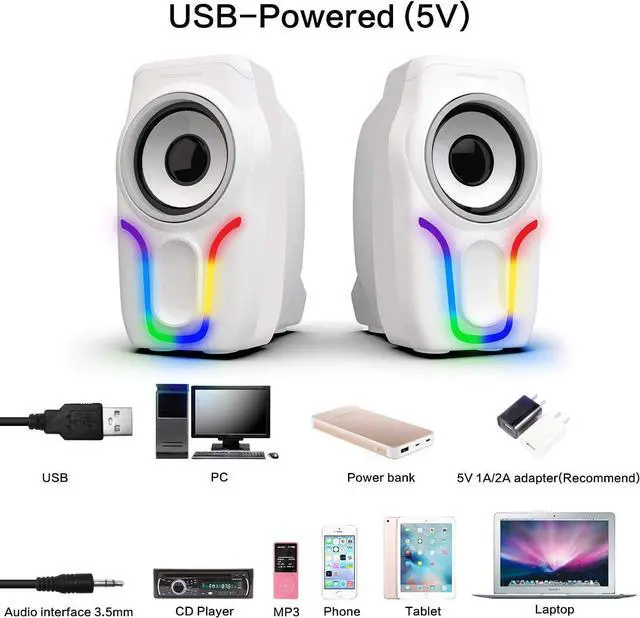 Alt view image 2 of 6 - Computer Speakers,2.0 Stereo Volume Control Gaming Speakers with Surround Sound,6 RGB LED Backlit Effect,USB Powered Wired Laptop Speakers with 3.5mm for Desktop Computer/PC/Laptops(White)