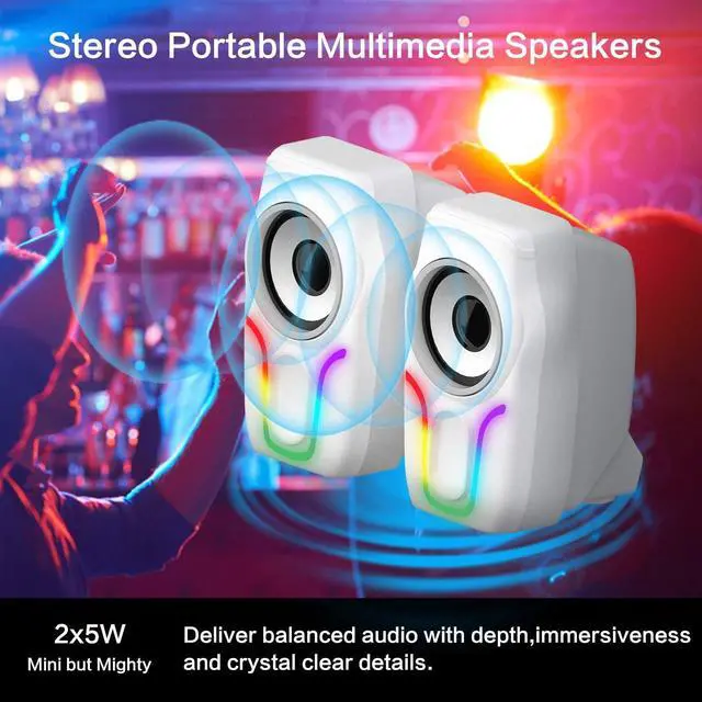 Alt view image 4 of 6 - Computer Speakers,2.0 Stereo Volume Control Gaming Speakers with Surround Sound,6 RGB LED Backlit Effect,USB Powered Wired Laptop Speakers with 3.5mm for Desktop Computer/PC/Laptops(White)