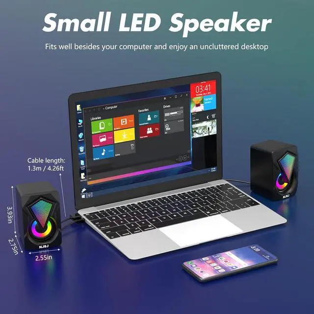 Alt view image 2 of 6 - NJSJ Computer Speakers,2.0 USB Powered Gaming Speakers with RGB LED Light 3.5mm Aux Input Stereo Mini Multimedia Speaker for PC, Desktop, Laptop, Cellphone, Monitor
