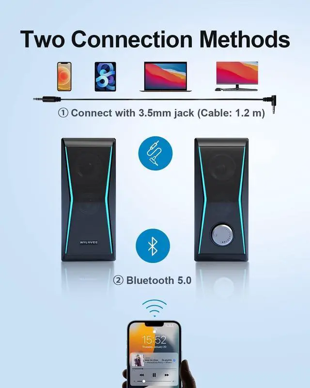 Alt view image 4 of 7 - Computer Speakers, Dynamic PC Speakers, Bluetooth 5.0 HiFi Computer Speakers for Desktop with 2 Bass Diaphragms & 4 Speaker Units, USB Powered & 3.5mm AUX Cable for PC Laptop Monitor Tablet Phone