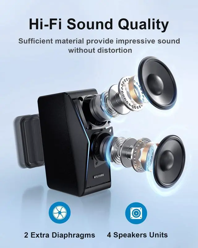 Alt view image 2 of 7 - Computer Speakers, Dynamic PC Speakers, Bluetooth 5.0 HiFi Computer Speakers for Desktop with 2 Bass Diaphragms & 4 Speaker Units, USB Powered & 3.5mm AUX Cable for PC Laptop Monitor Tablet Phone