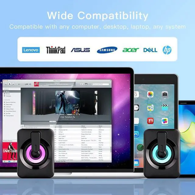 Alt view image 6 of 6 - KUNISO Computer Speaker, Wired Desktop Speaker, RGB Colorful Mini Gaming Speaker, USB Powered, 3.5mm AUX-in, Volume Control for PC, Laptop, Tablet, Mobile, MP3