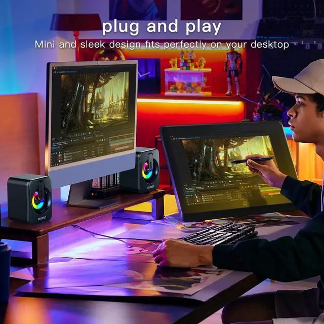 Alt view image 2 of 6 - KUNISO Computer Speaker, Wired Desktop Speaker, RGB Colorful Mini Gaming Speaker, USB Powered, 3.5mm AUX-in, Volume Control for PC, Laptop, Tablet, Mobile, MP3