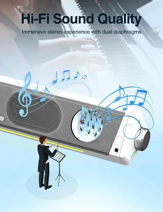 Alt view image 5 of 6 - Computer Speakers, Bluetooth Computer Soundbar, HiFi Stereo, 3.5mm Aux-in Connection, USB Powered Computer Speakers for Desktop Monitors, PC, Laptop, Tablets