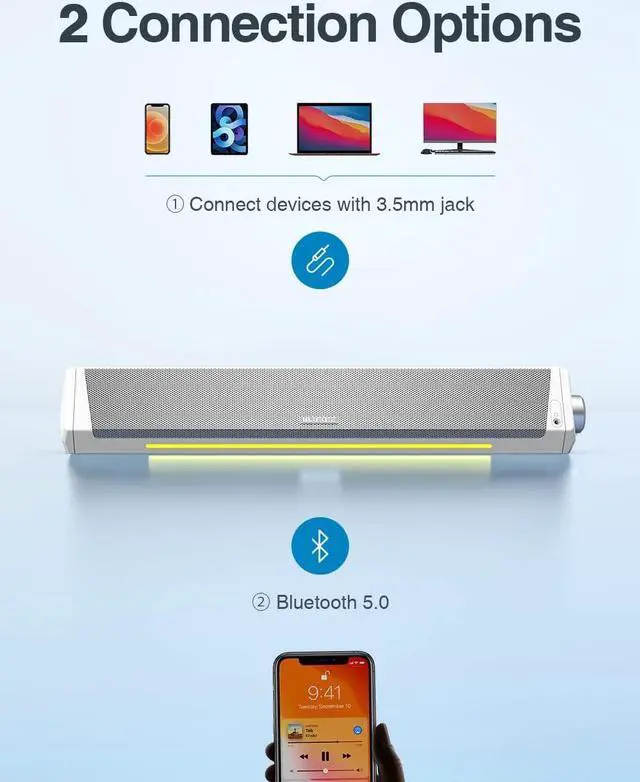 Alt view image 2 of 6 - Computer Speakers, Bluetooth Computer Soundbar, HiFi Stereo, 3.5mm Aux-in Connection, USB Powered Computer Speakers for Desktop Monitors, PC, Laptop, Tablets