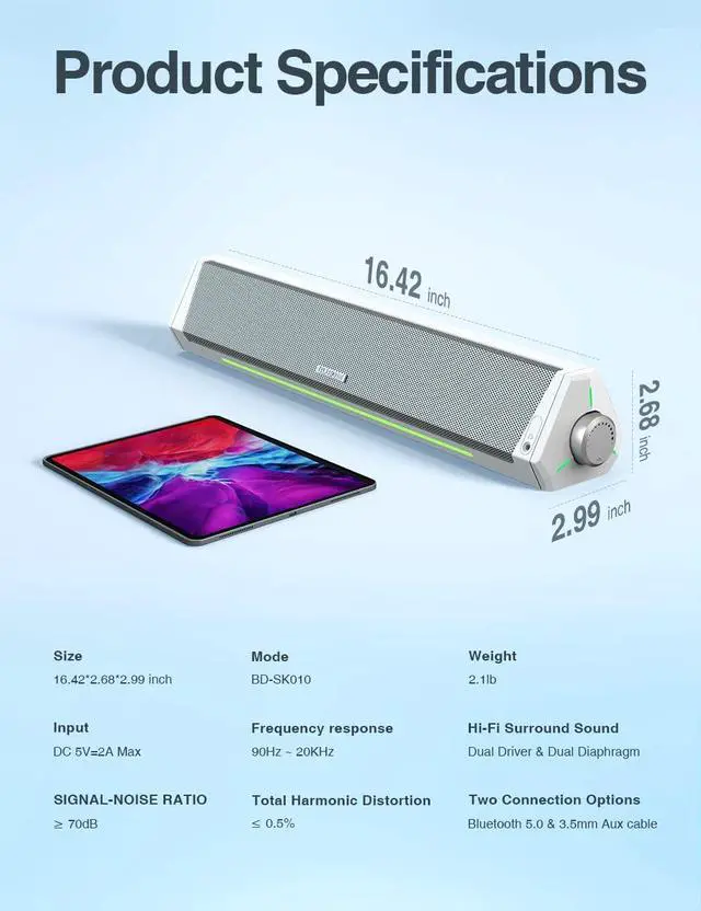 Alt view image 6 of 6 - Computer Speakers, Bluetooth Computer Soundbar, HiFi Stereo, 3.5mm Aux-in Connection, USB Powered Computer Speakers for Desktop Monitors, PC, Laptop, Tablets