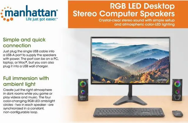 Alt view image 6 of 7 - Manhattan USB Powered RBG Gaming Speakers - with Stereo Sound, Long 6ft Cord, Colorful Lights, Volume Control & 3.5 mm Audio Plug  for Computer, Monitor, Laptop, PC, Desktop -3 Yr Mfg Warranty168359