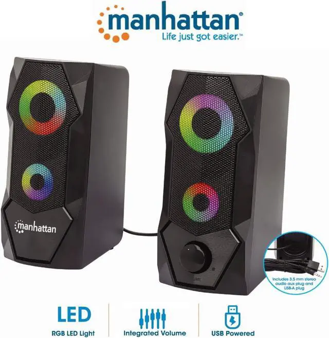 Alt view image 5 of 7 - Manhattan USB Powered RBG Gaming Speakers - with Stereo Sound, Long 6ft Cord, Colorful Lights, Volume Control & 3.5 mm Audio Plug  for Computer, Monitor, Laptop, PC, Desktop -3 Yr Mfg Warranty168359