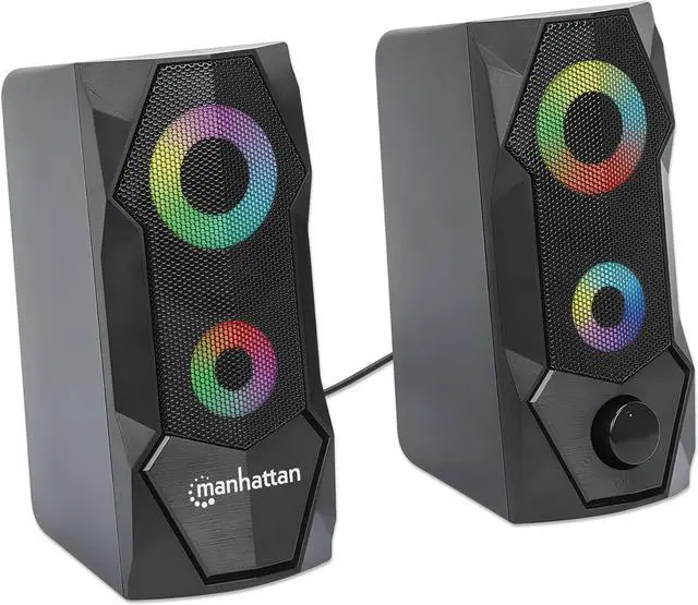 Main image of Manhattan USB Powered RBG Gaming Speakers - with Stereo Sound, Long 6ft Cord, Colorful Lights, Volume Control & 3.5 mm Audio Plug  for Computer, Monitor, Laptop, PC, Desktop -3 Yr Mfg Warranty168359