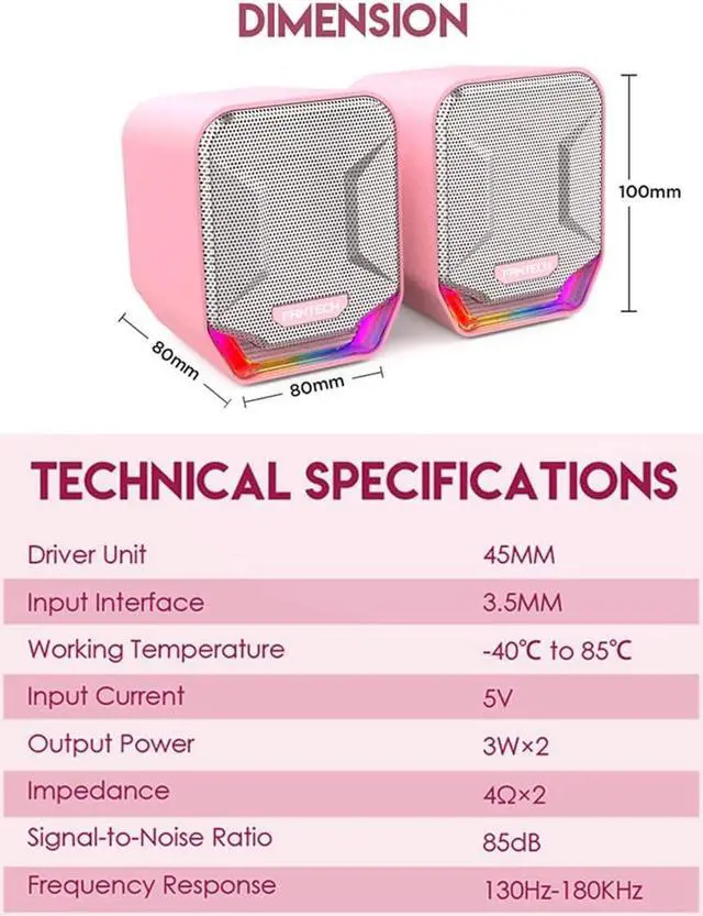 Alt view image 3 of 6 - Desktop Speakers for PC RGB Game Speakers Cable Speakers 2.0 Channel Computer Stereo Speaker USB Plug Little Speakers for Laptops Desk (Color : Pink)