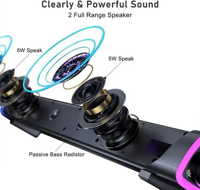 Alt view image 4 of 6 - SOULION R30 Computer Speakers, USB Powered PC Speakers for Desktop, Colorful RGB LED with Switch Button, Surround Sound Computer Soundbar Speaker for Laptop