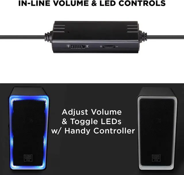 Alt view image 3 of 7 - GOgroove Gaming Computer Speakers with LED Lights - SonaVERSE O2i Speakers for Desktop, Laptop, PC - USB Speaker 2.0 with AUX Input, in-Line Volume Control, Bass Stereo Sound, 14W (Black with LEDs)
