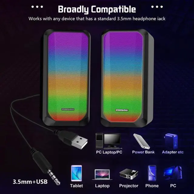 Alt view image 3 of 7 - Computer Speakers,2.0 Stereo Volume Control Gaming Speakers with Surround Sound,RGB LED Backlit,USB Wired Laptop Speakers with 3.5mm for Desktop Computer/PC/Laptops(Black,New 2022 Version)