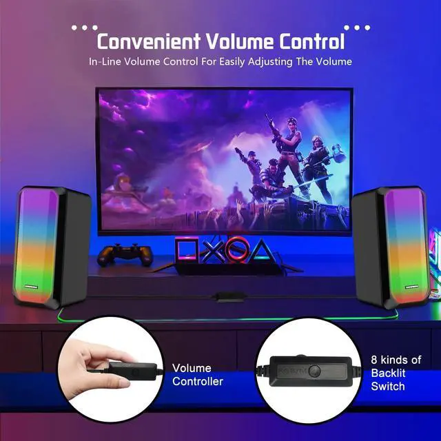 Alt view image 2 of 7 - Computer Speakers,2.0 Stereo Volume Control Gaming Speakers with Surround Sound,RGB LED Backlit,USB Wired Laptop Speakers with 3.5mm for Desktop Computer/PC/Laptops(Black,New 2022 Version)