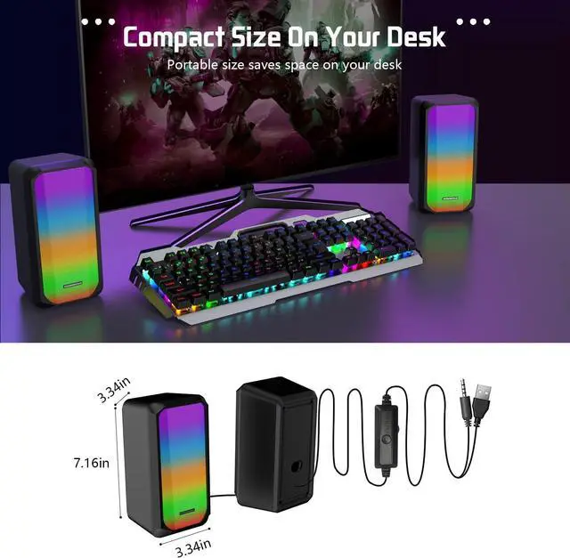 Alt view image 7 of 7 - Computer Speakers,2.0 Stereo Volume Control Gaming Speakers with Surround Sound,RGB LED Backlit,USB Wired Laptop Speakers with 3.5mm for Desktop Computer/PC/Laptops(Black,New 2022 Version)