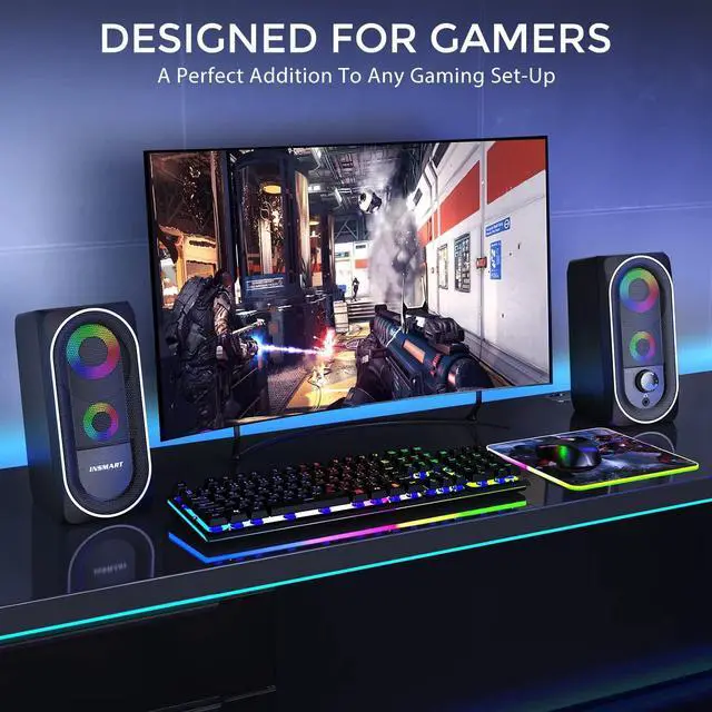 Alt view image 5 of 7 - INSMART Computer Speakers, 2.0 Stereo Volume Control with RGB Light USB Powered Gaming Speakers for PC/Laptops/Desktops/Phone/Ipad/Game Machine (5Wx2)