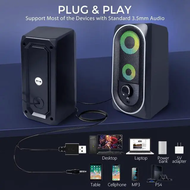 Alt view image 2 of 7 - INSMART Computer Speakers, 2.0 Stereo Volume Control with RGB Light USB Powered Gaming Speakers for PC/Laptops/Desktops/Phone/Ipad/Game Machine (5Wx2)