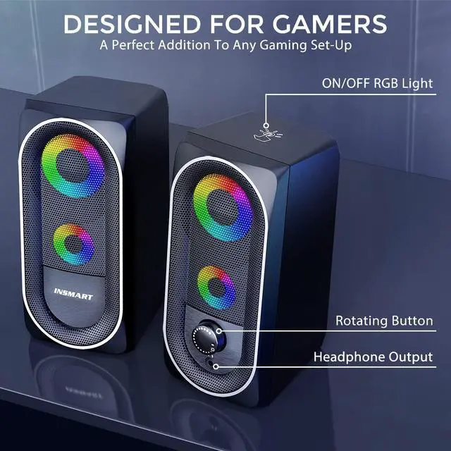 Alt view image 3 of 7 - INSMART Computer Speakers, 2.0 Stereo Volume Control with RGB Light USB Powered Gaming Speakers for PC/Laptops/Desktops/Phone/Ipad/Game Machine (5Wx2)