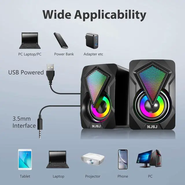 Alt view image 2 of 7 - NJSJ Computer Speakers, USB Powered Stereo Computer Speakers for Desktop with RGB Light, 3.5mm AUX-in Small External Speakers for PC, Laptop, Monitor, Game Machine, Phone