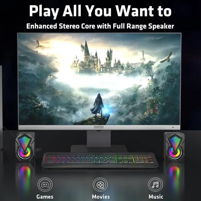 Alt view image 7 of 7 - NJSJ Computer Speakers, USB Powered Stereo Computer Speakers for Desktop with RGB Light, 3.5mm AUX-in Small External Speakers for PC, Laptop, Monitor, Game Machine, Phone